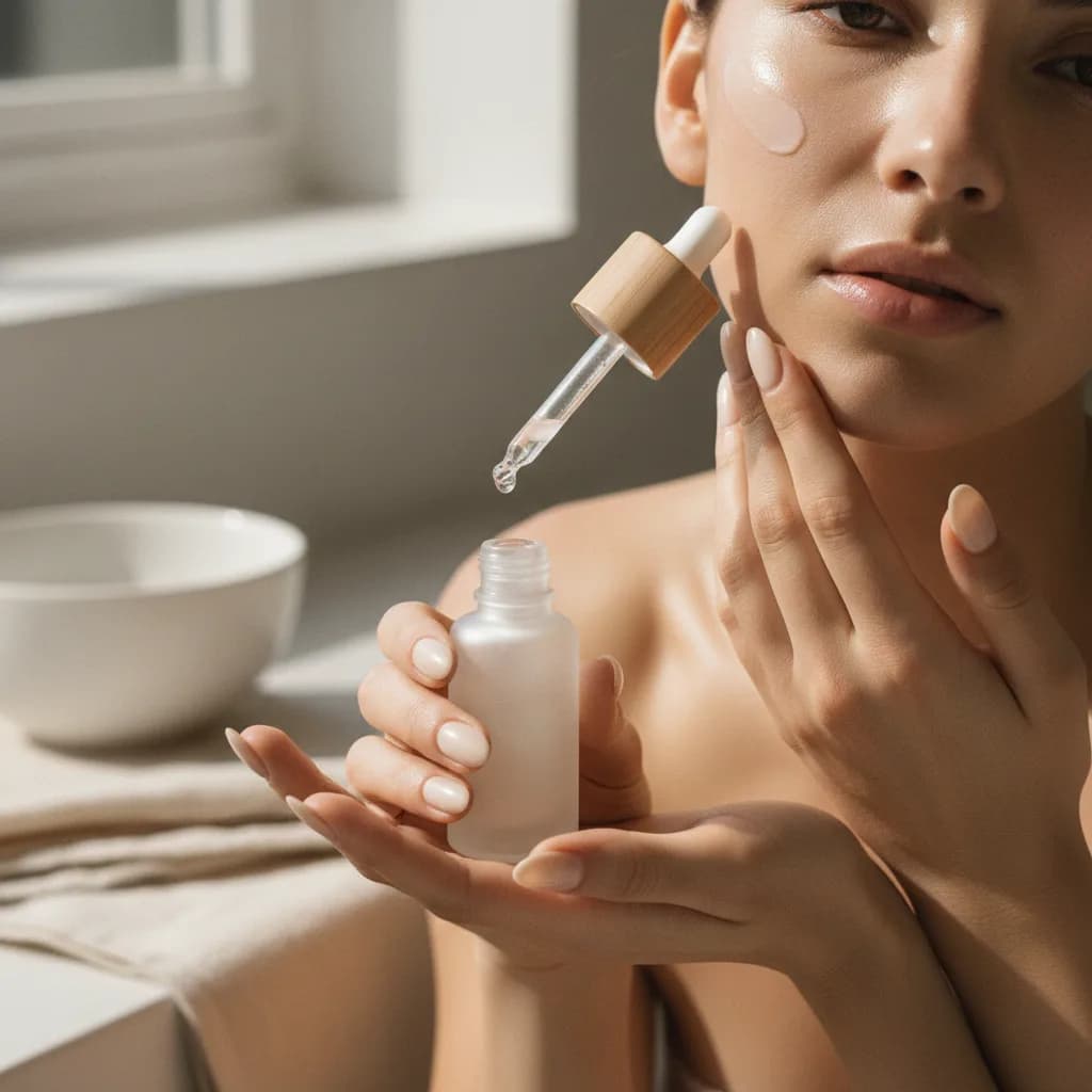 Mão feminina aplicando suavemente um sérum no rosto.