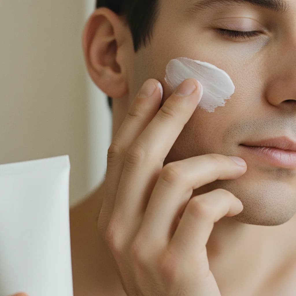 Mão masculina aplicando suavemente hidratante no rosto