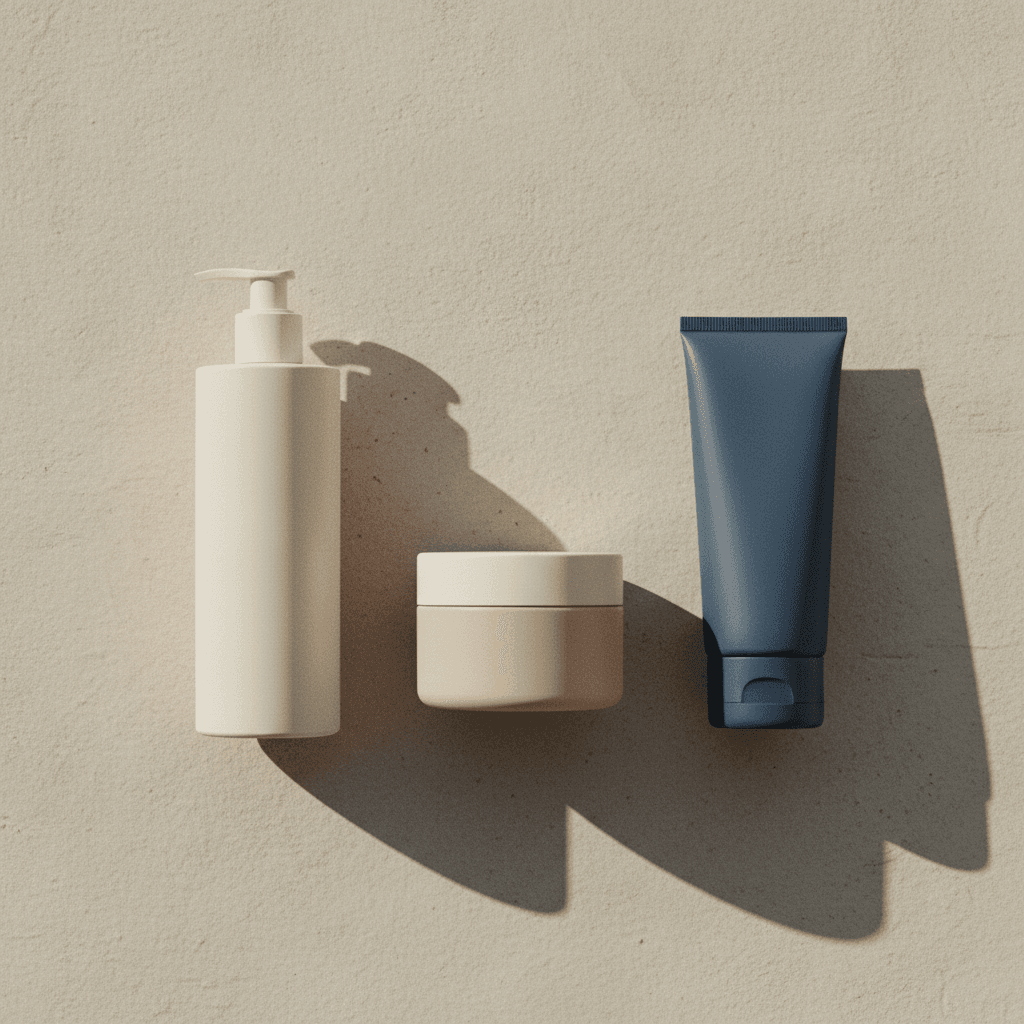 Frascos de produtos de limpeza, hidratação e proteção solar sobre uma superfície clara.