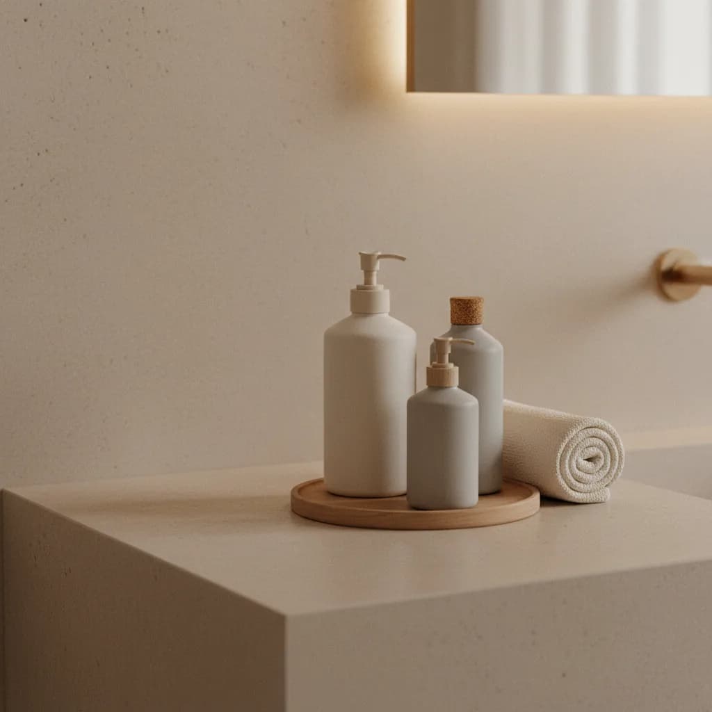 Frascos de produtos de skincare minimalistas em um balcão de banheiro sereno.