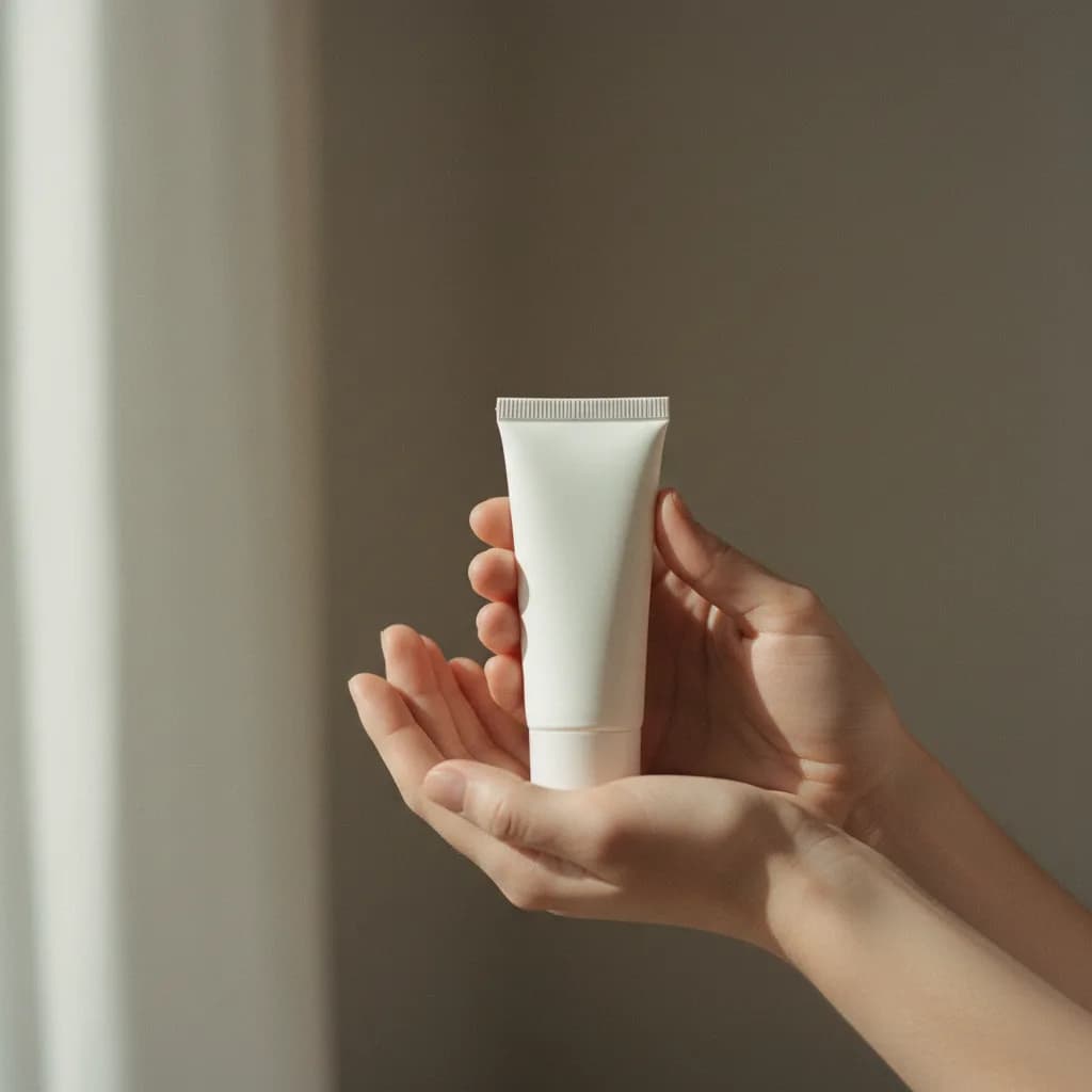 Mãos segurando um tubo liso e branco de produto para a pele.