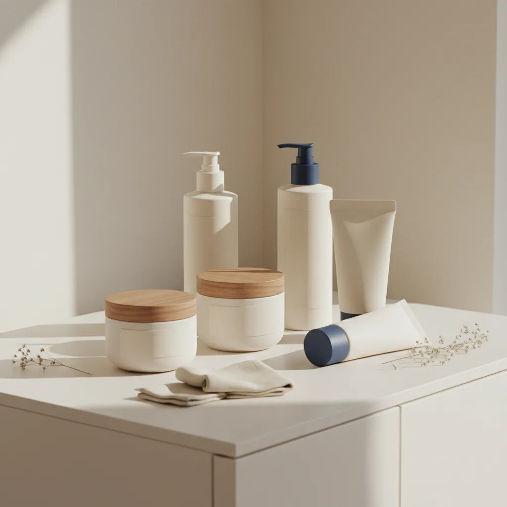Frascos de produtos de skincare genéricos e sem rótulo em uma bancada clean