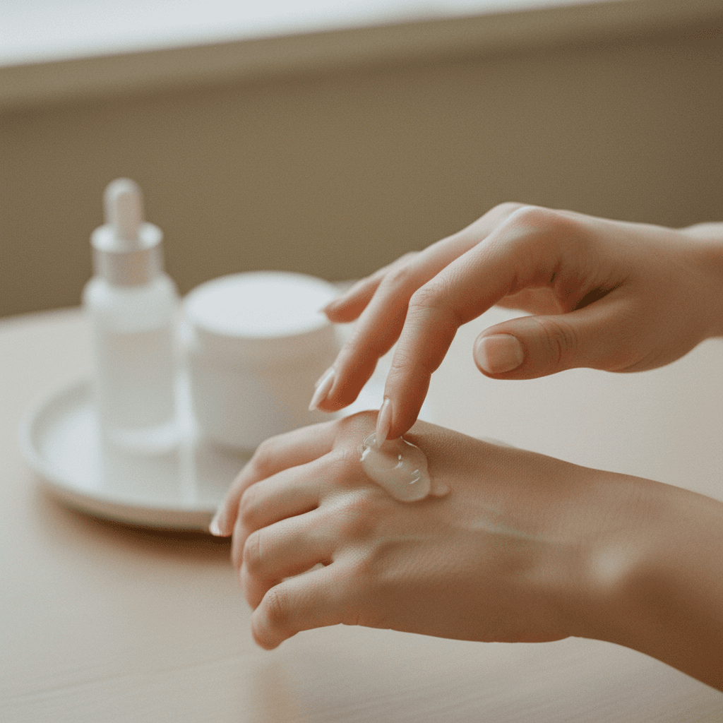 Mãos aplicando um creme ou sérum na pele
