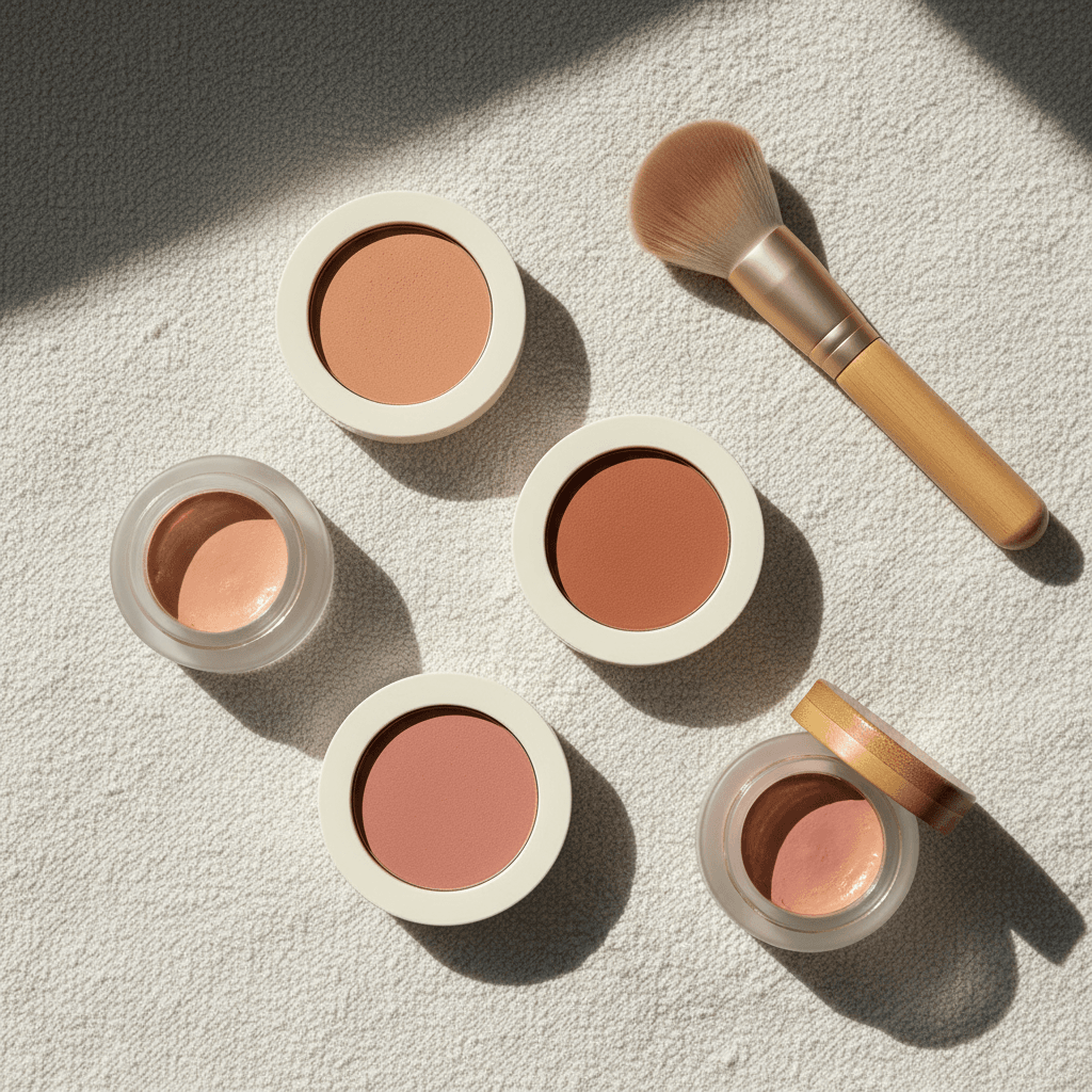 Blushes em tons quentes e um pincel de maquiagem em uma composição minimalista
