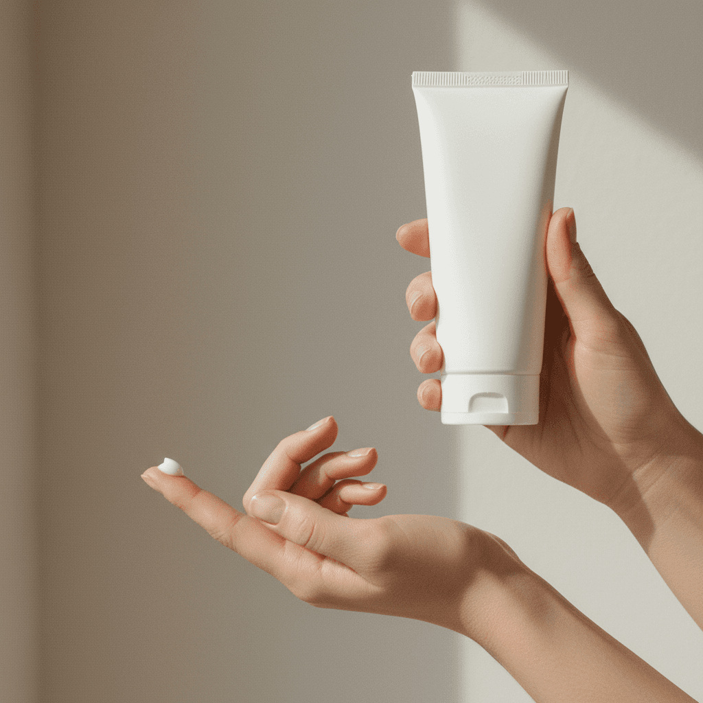 Mãos aplicando hidratante de um tubo branco sem rótulo