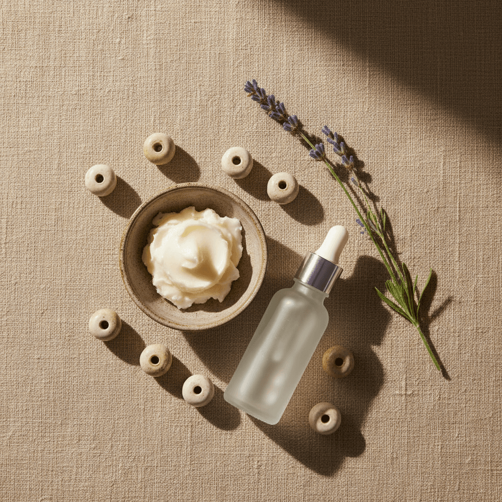 Ingredientes de skincare como manteiga de karité e sérum de ácido hialurônico