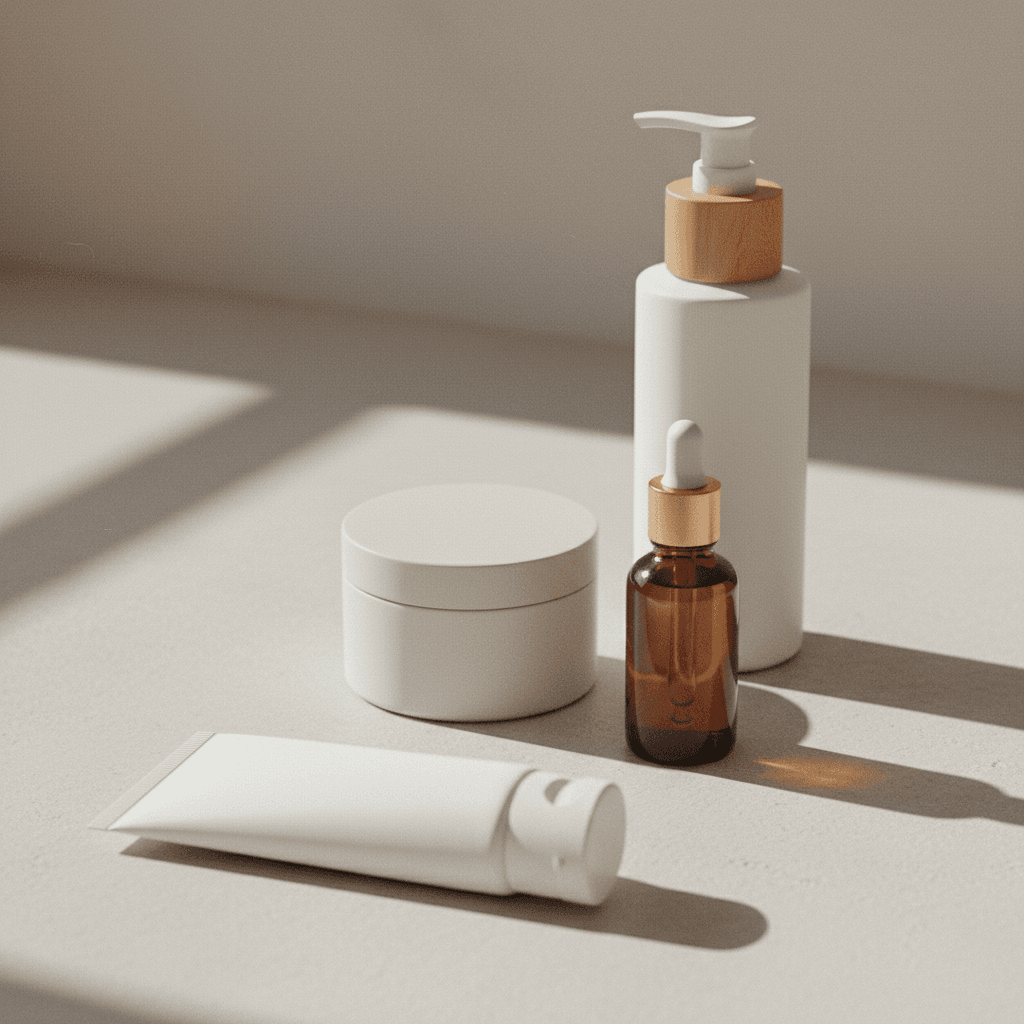 Frascos e tubos de produtos de skincare genéricos sobre uma superfície clara