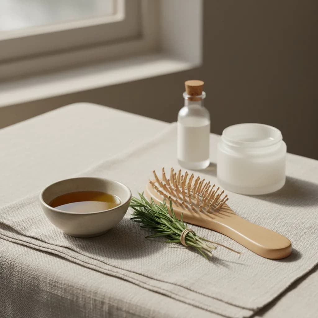 Ingredientes naturais como alecrim e óleo de argan, com uma escova de cabelo em um arranjo sereno.