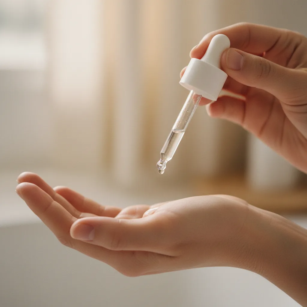 Mão aplicando delicadamente um sérum em outra mão