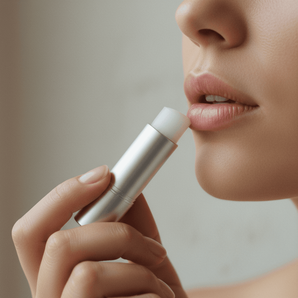 Mão aplicando um produto labial sem marca