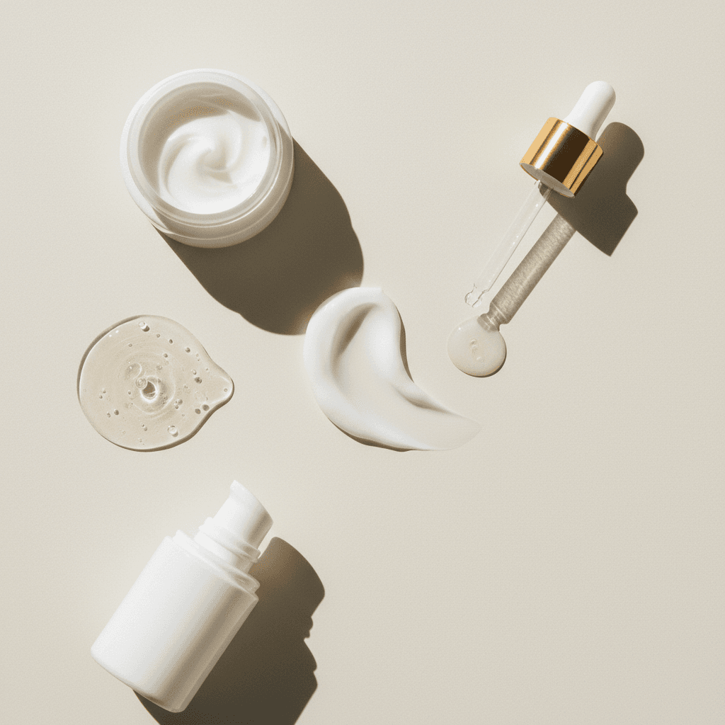 Texturas de diferentes produtos de skincare em uma superfície lisa