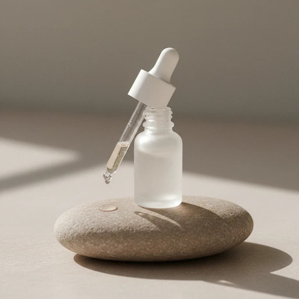 Frasco de sérum minimalista sobre uma superfície de pedra clara