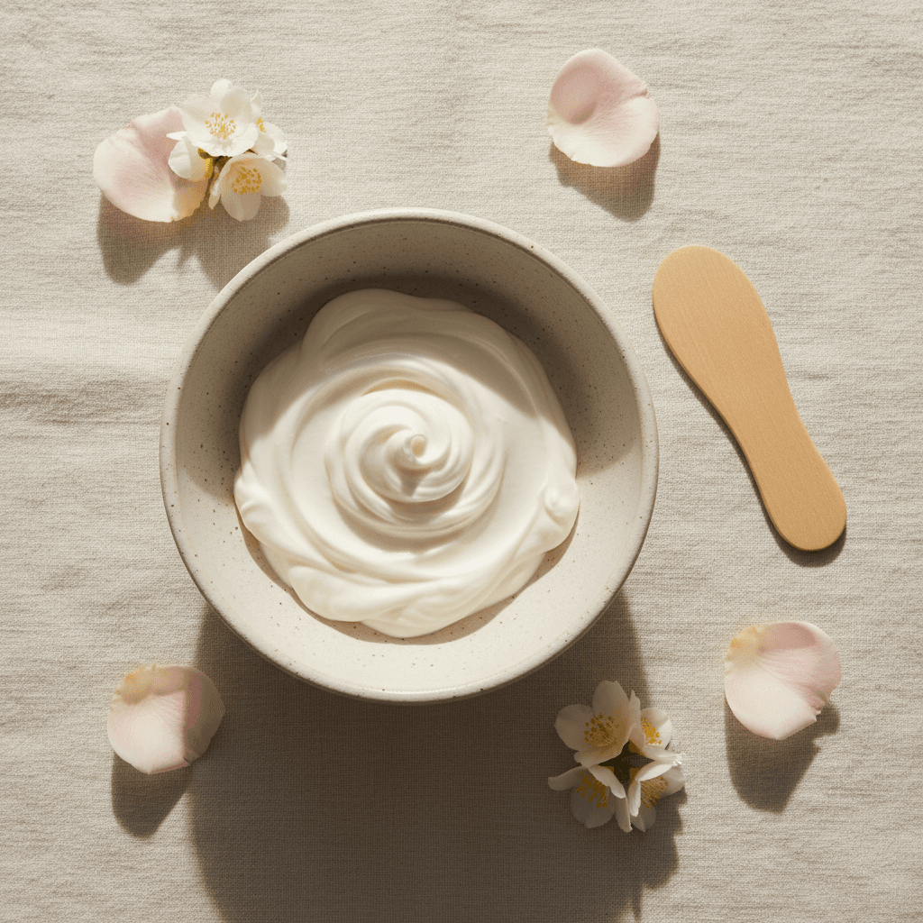 Produtos de cuidado com a pele em uma tigela de cerâmica com pétalas de flores
