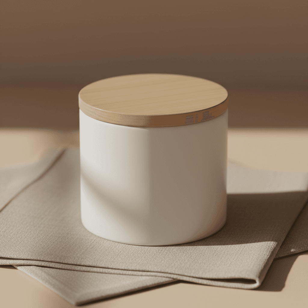 Pote de creme branco sem rótulo sobre um tecido de linho.