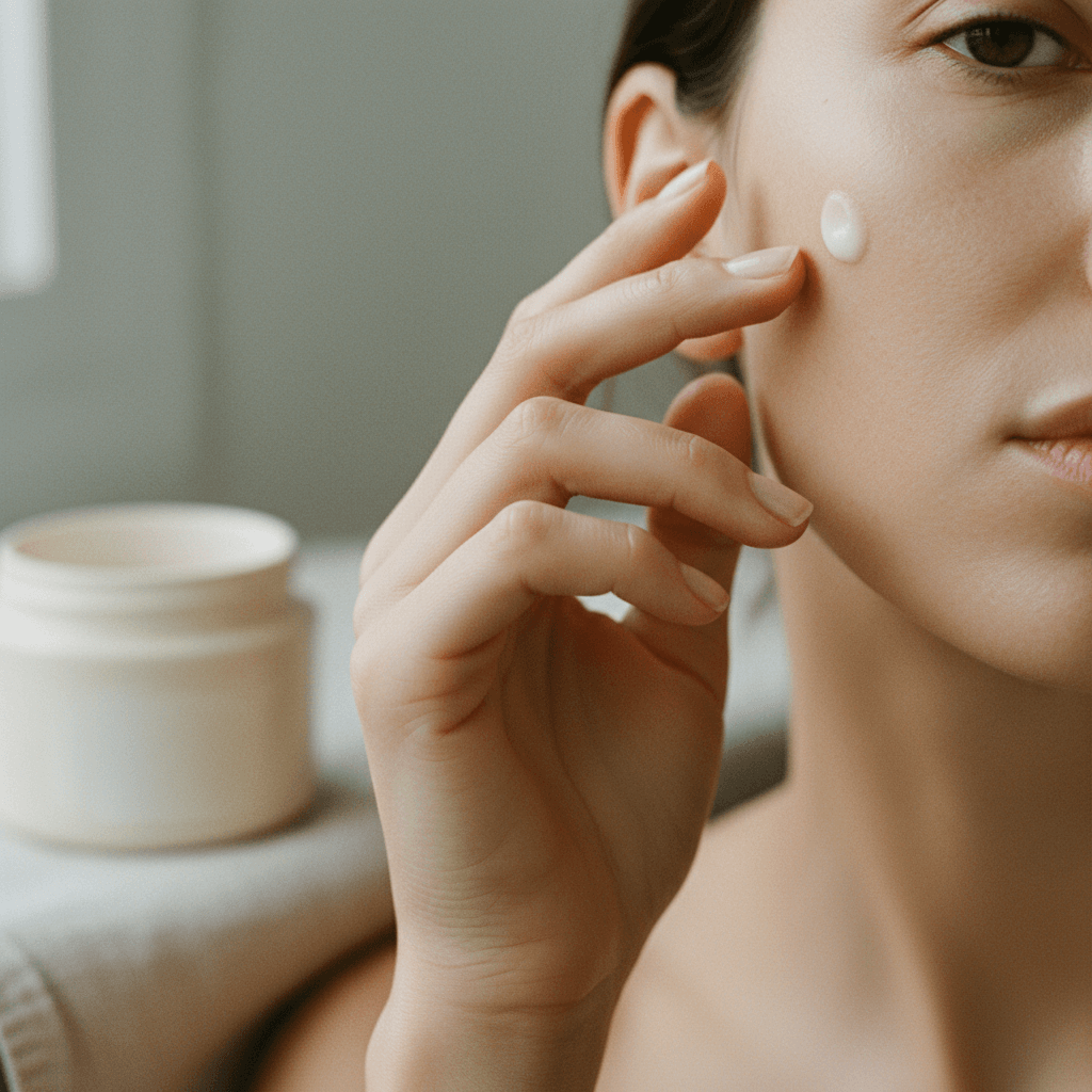 Mão aplicando suavemente um creme no rosto, destacando o gesto de cuidado