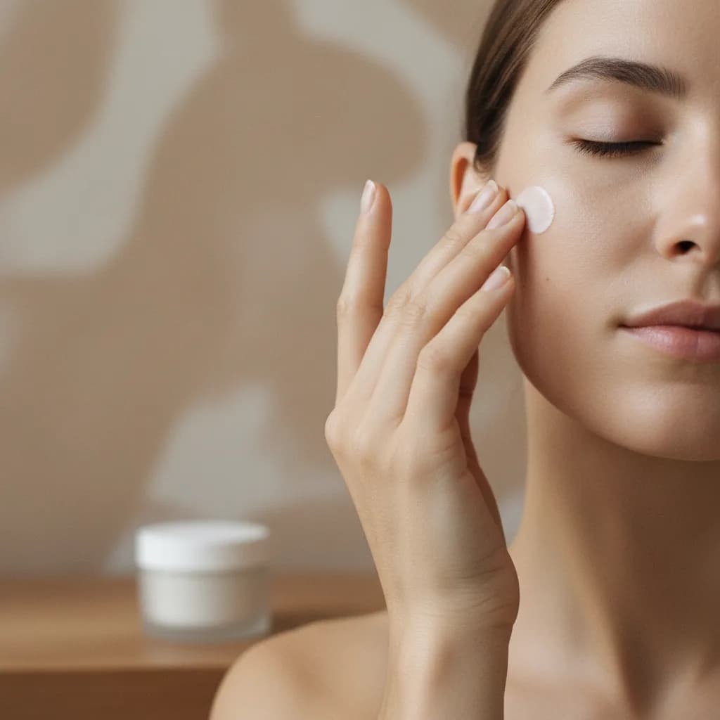 Mão aplicando suavemente um creme no rosto