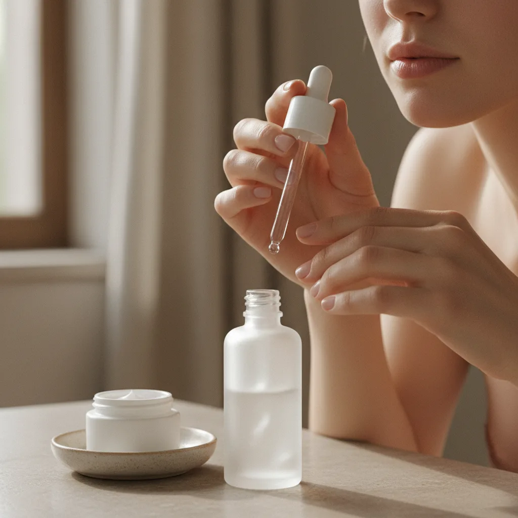 Mãos aplicando um creme ou sérum no rosto