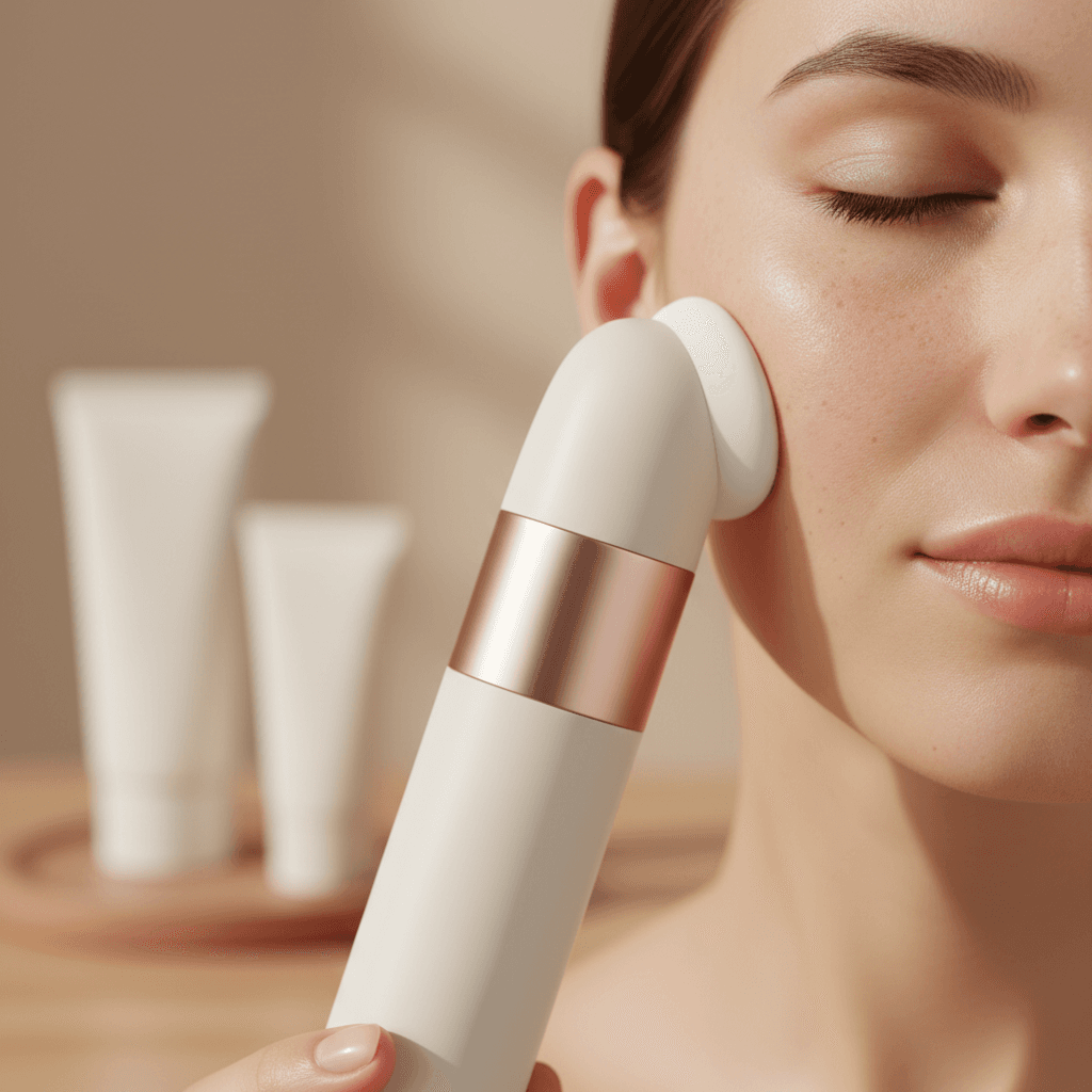 Ponteira de aparelho de tratamento facial tocando suavemente a pele