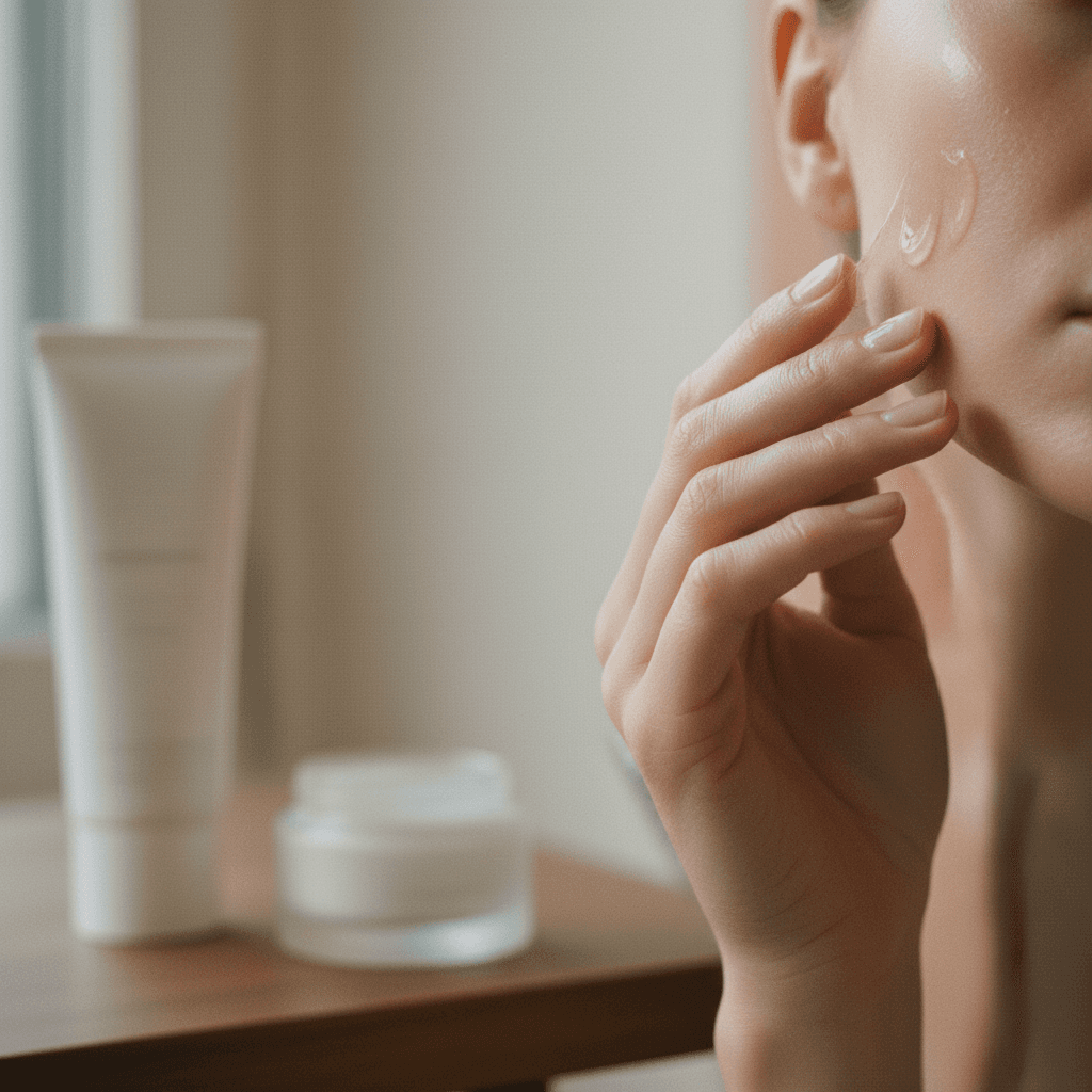 Mão aplicando suavemente um produto em gel no rosto