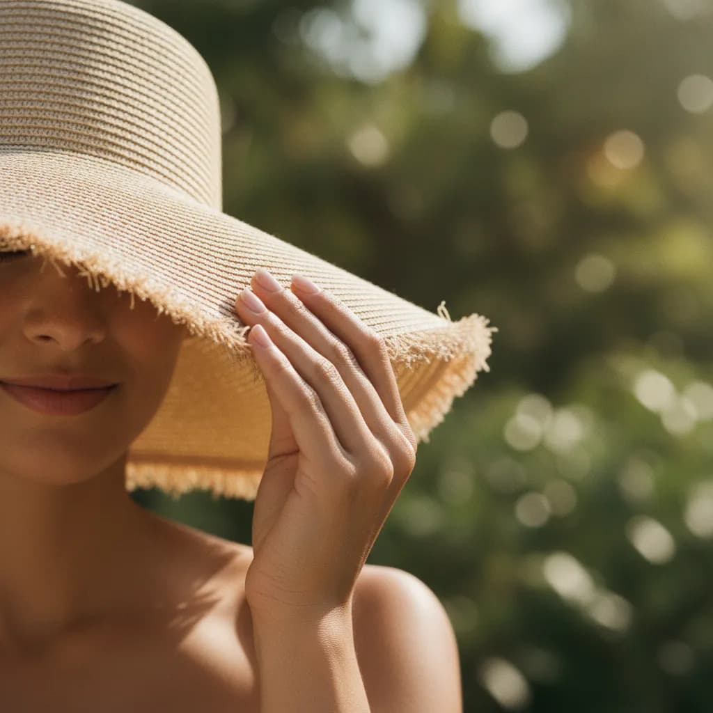 Mão segurando um chapéu de palha de abas largas, com a luz do sol suave ao fundo.