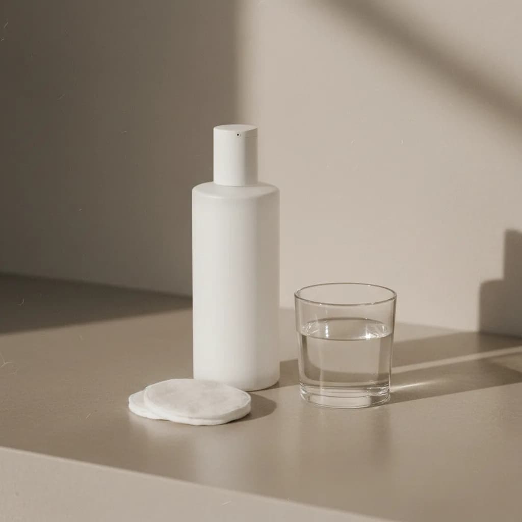 Frasco de produto de limpeza facial sem rótulo sobre uma bancada clara