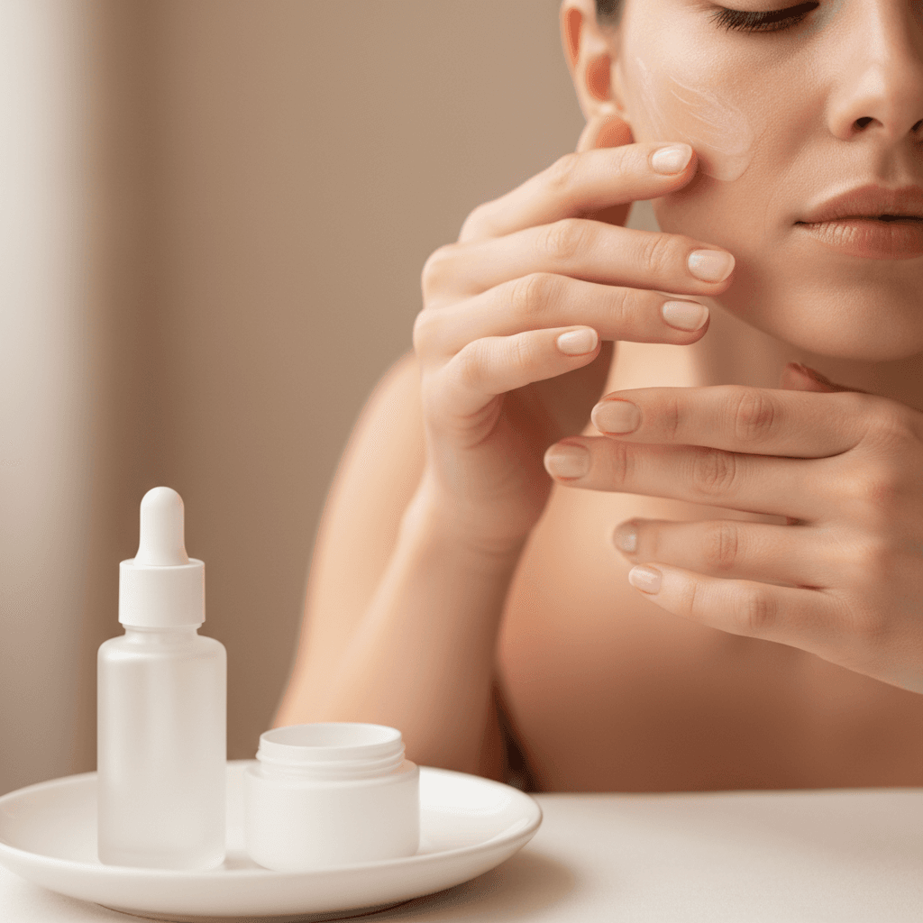 Mãos femininas aplicando um produto de skincare no rosto com delicadeza.