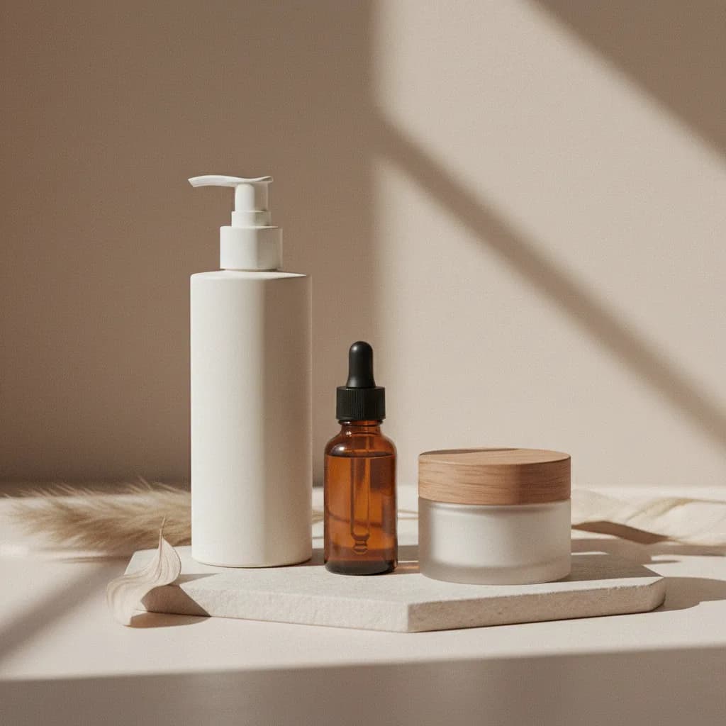 Produtos de skincare minimalistas dispostos em uma superfície clara