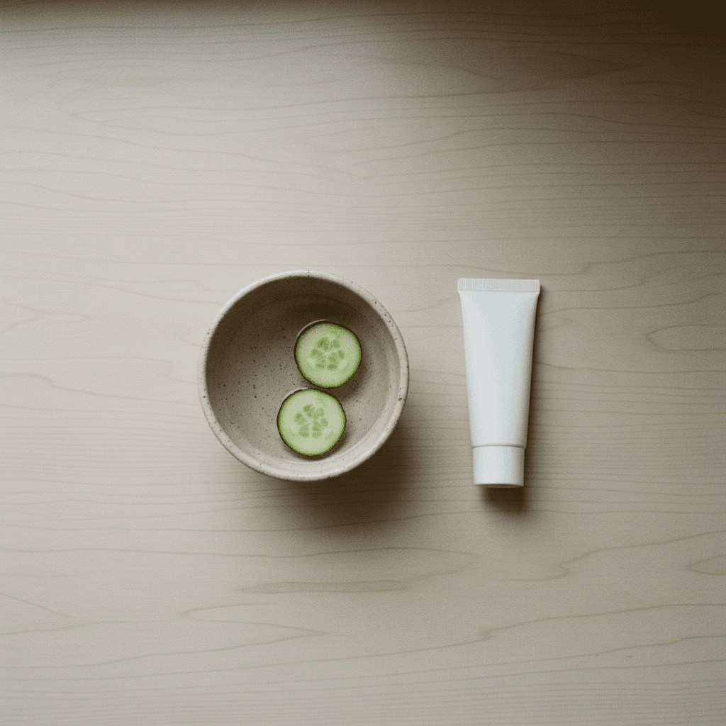 Mesa minimalista com creme para os olhos, fatias de pepino e uma tigela de água.
