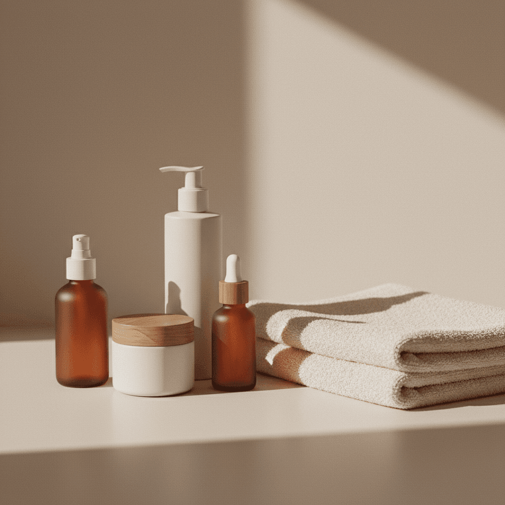 Frascos genéricos de skincare em um ambiente calmo