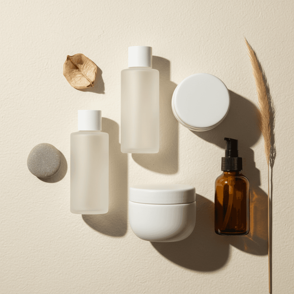 Disposição minimalista de embalagens de produtos de skincare sem rótulos.