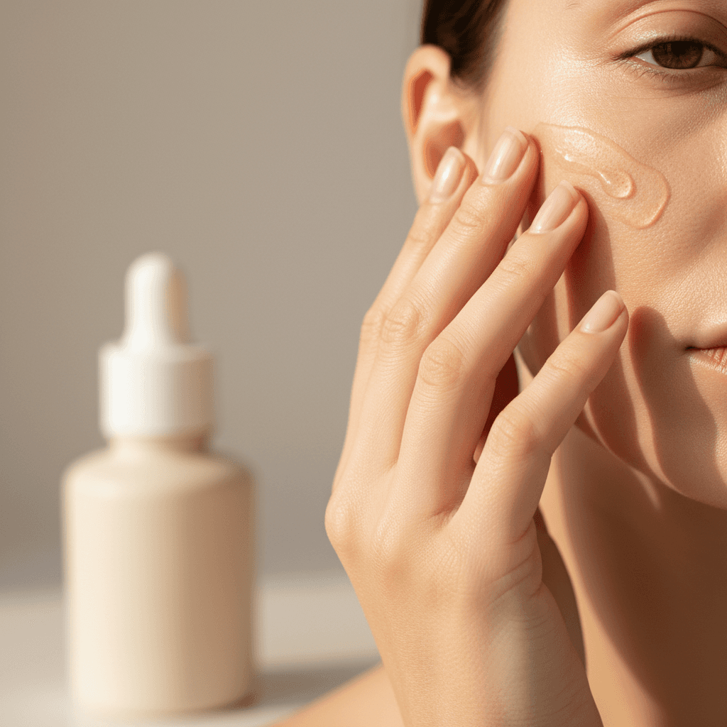 Mão aplicando suavemente um sérum transparente na pele.