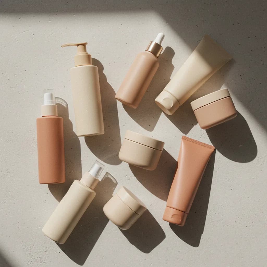 Vista superior de diferentes embalagens de produtos de skincare sem rótulo