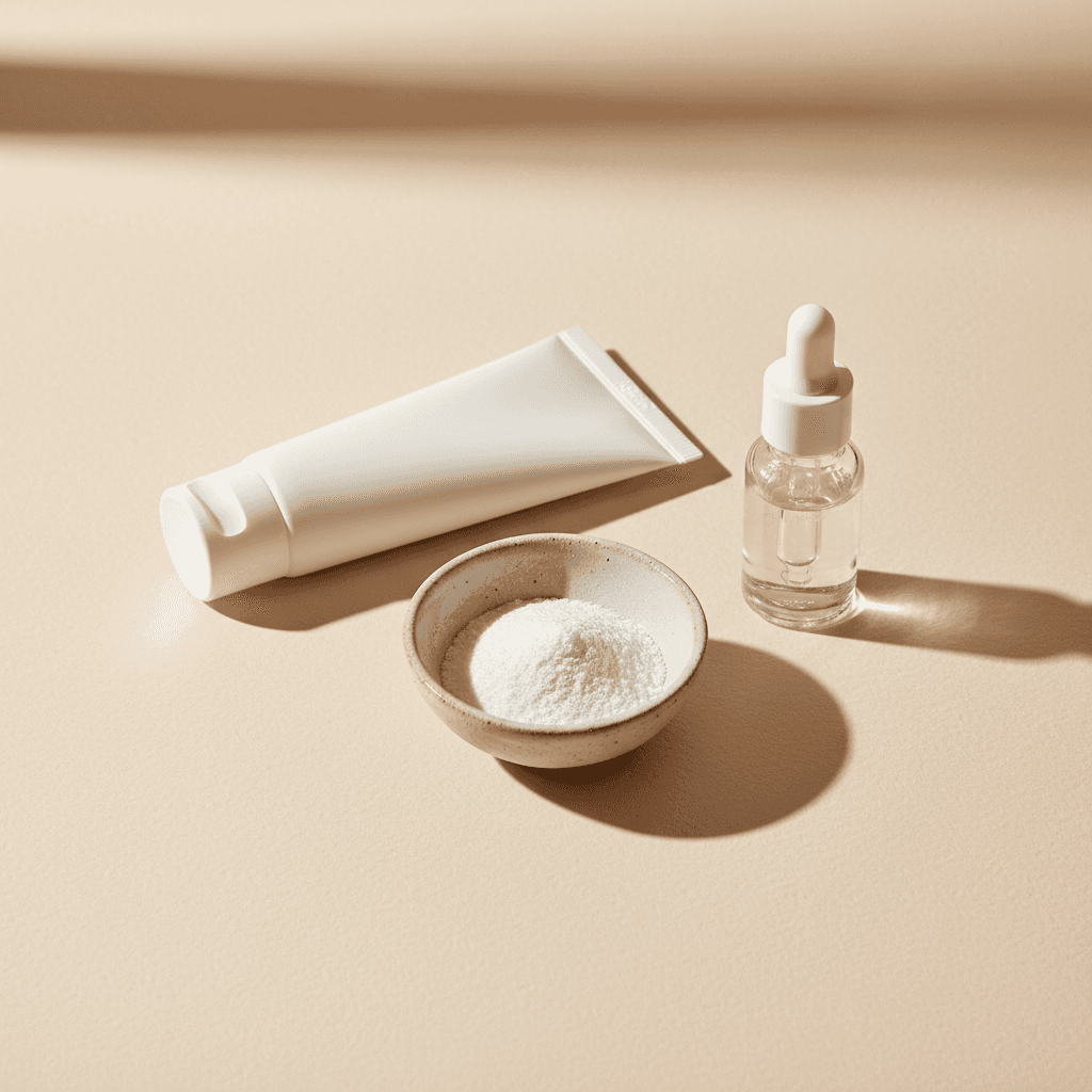 Ingredientes de skincare como pó de ácido salicílico e sérum em frasco sem rótulo