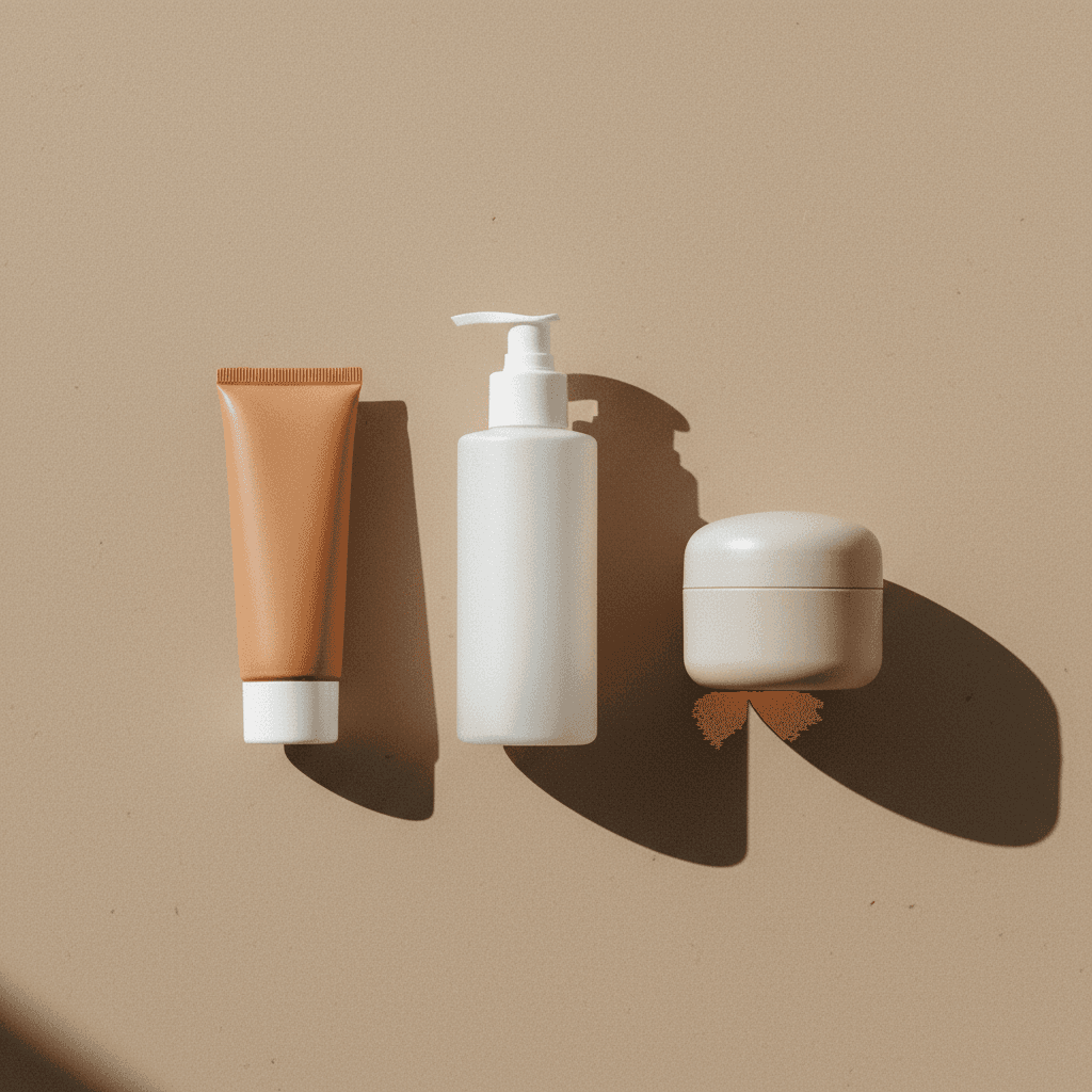 Três produtos de skincare essenciais em embalagens simples, sobre um fundo neutro