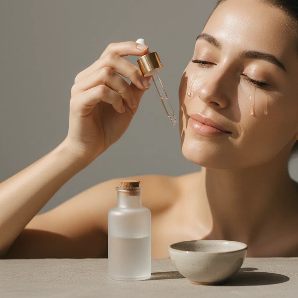 Mão aplicando suavemente um sérum no rosto