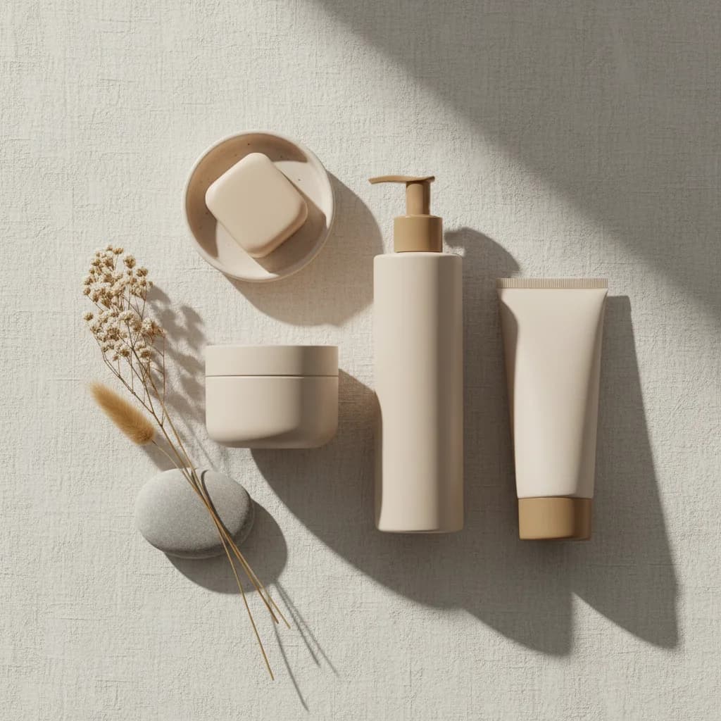 Disposição elegante de produtos de cuidado capilar e pele em tons neutros, sem marcas visíveis.