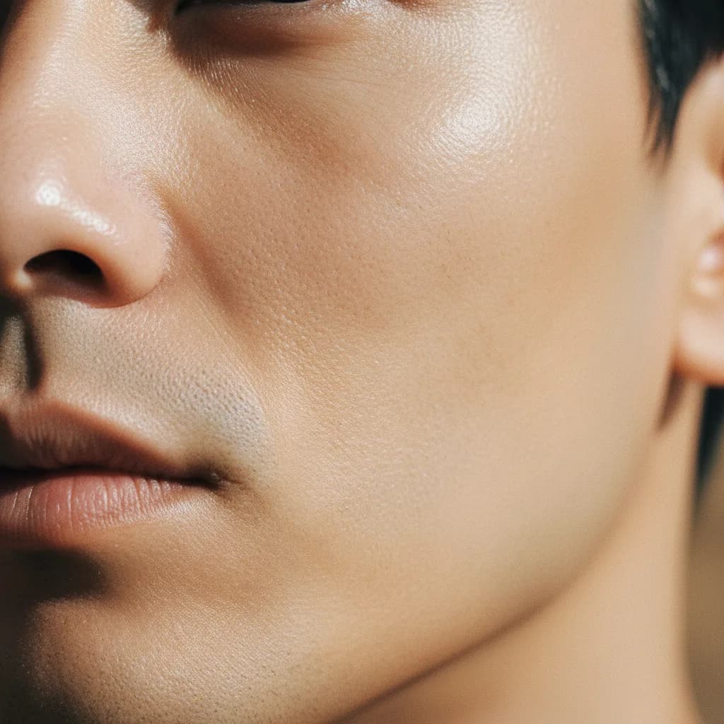 Textura da pele masculina saudável e limpa, iluminada por luz natural
