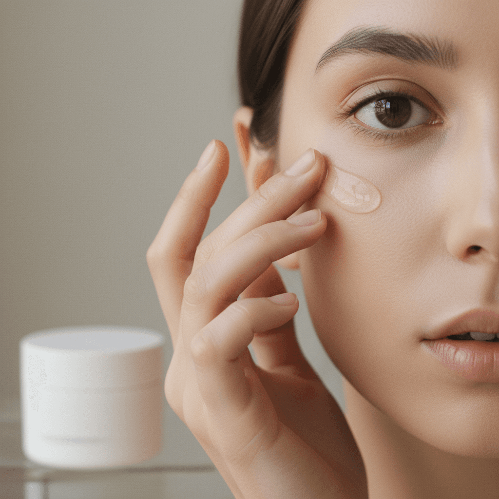 Mão aplicando suavemente um creme na região abaixo dos olhos.