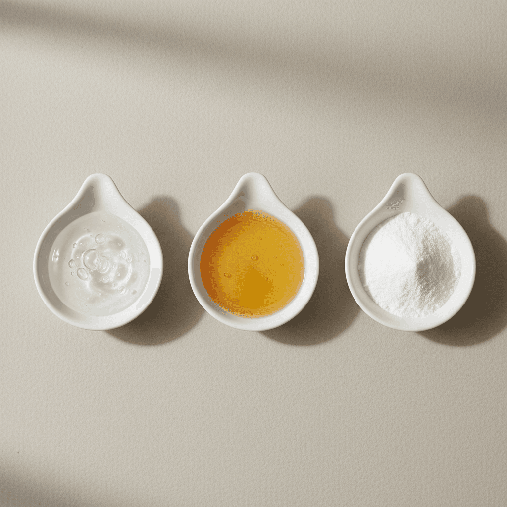 Exemplos de ingredientes como ácido hialurônico, glicerina e óleos em tigelas.
