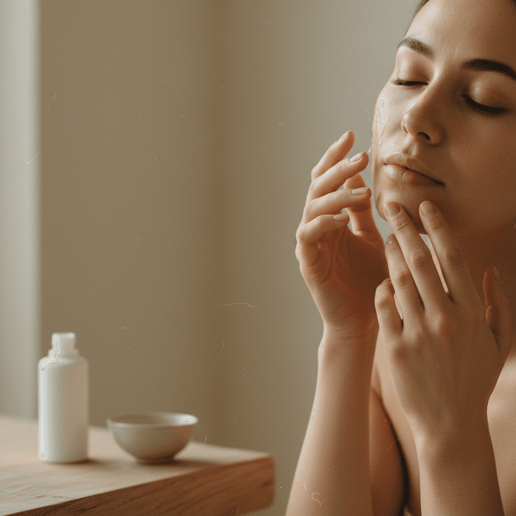 Mãos femininas aplicando suavemente um sérum no rosto