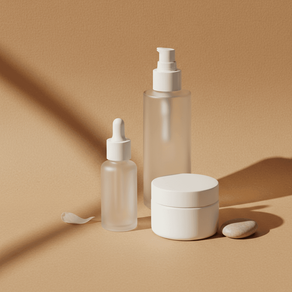 Disposição minimalista de produtos genéricos de skincare em tons neutros
