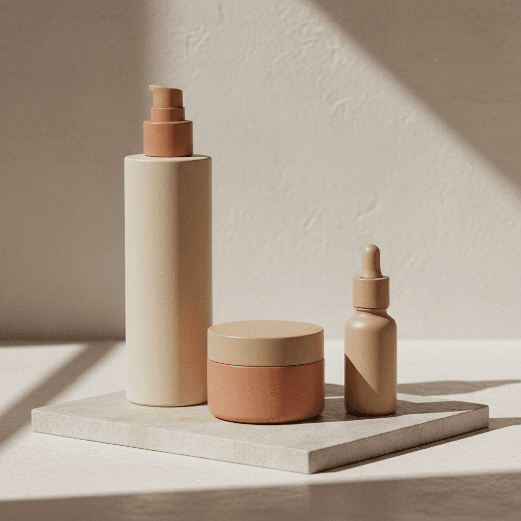 Frascos de produtos de skincare genéricos sobre uma superfície clara