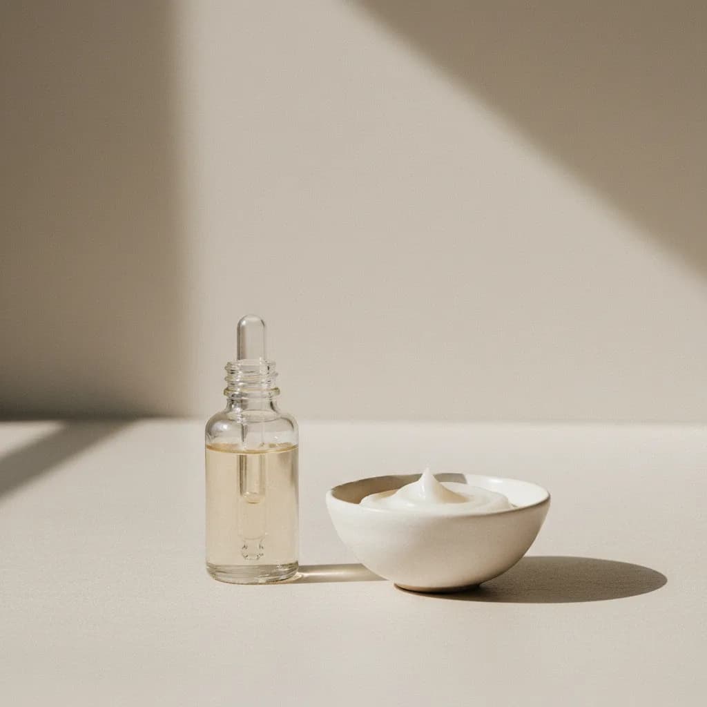 Frasco de sérum e tigela com creme, simbolizando o cuidado com a pele