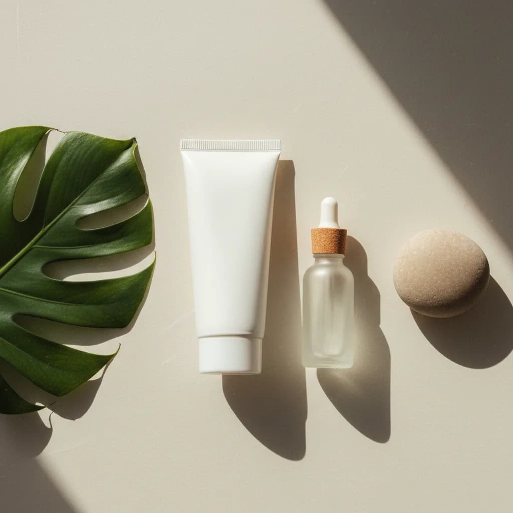 Produtos de skincare genéricos dispostos sobre uma superfície clara com elementos naturais