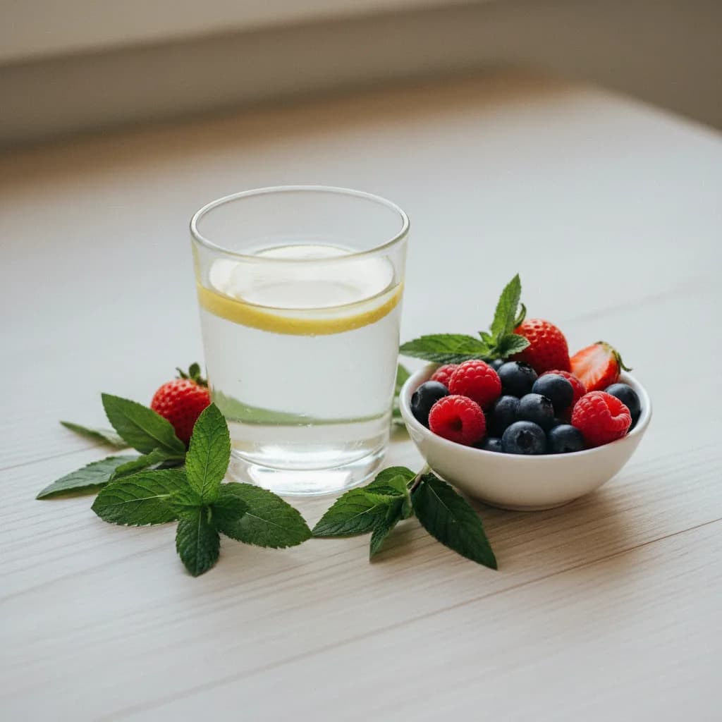 Copo de água com limão e frutas vermelhas em uma superfície de madeira clara