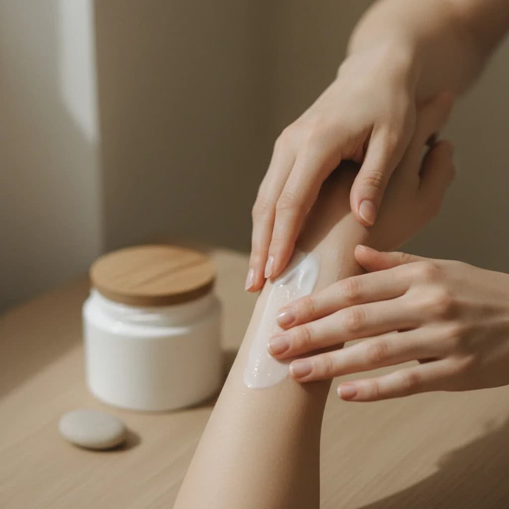 Mãos aplicando delicadamente um creme no braço