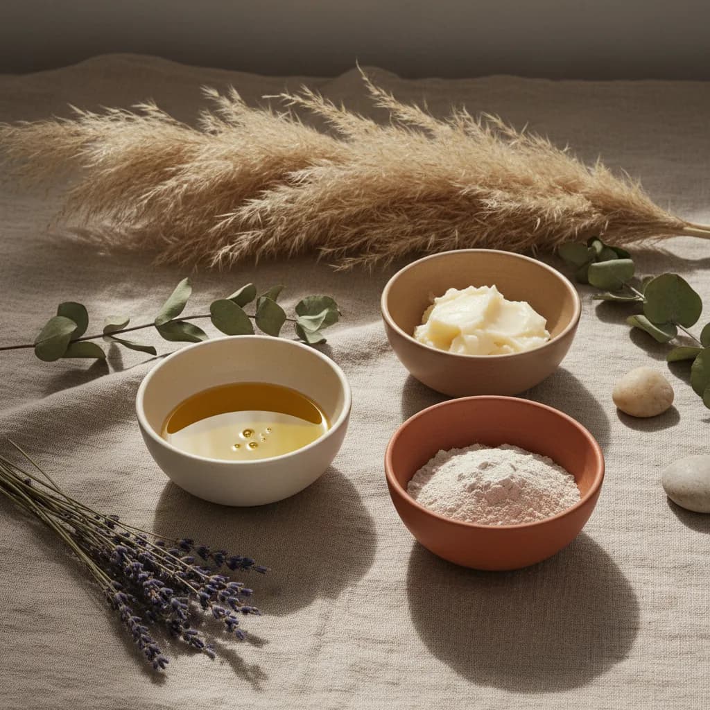 Ingredientes naturais e texturas macias em uma composição calma