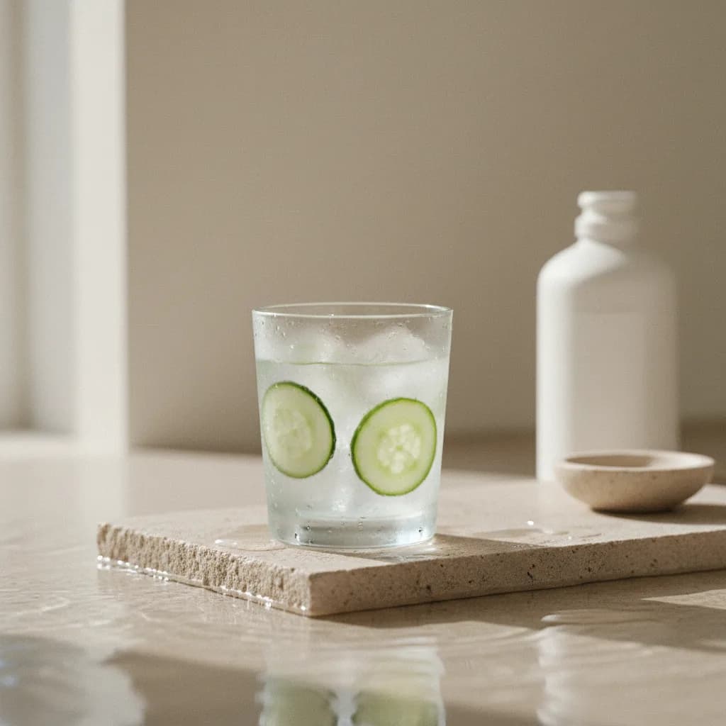 Copo de água com gelo e rodelas de pepino em uma superfície clara
