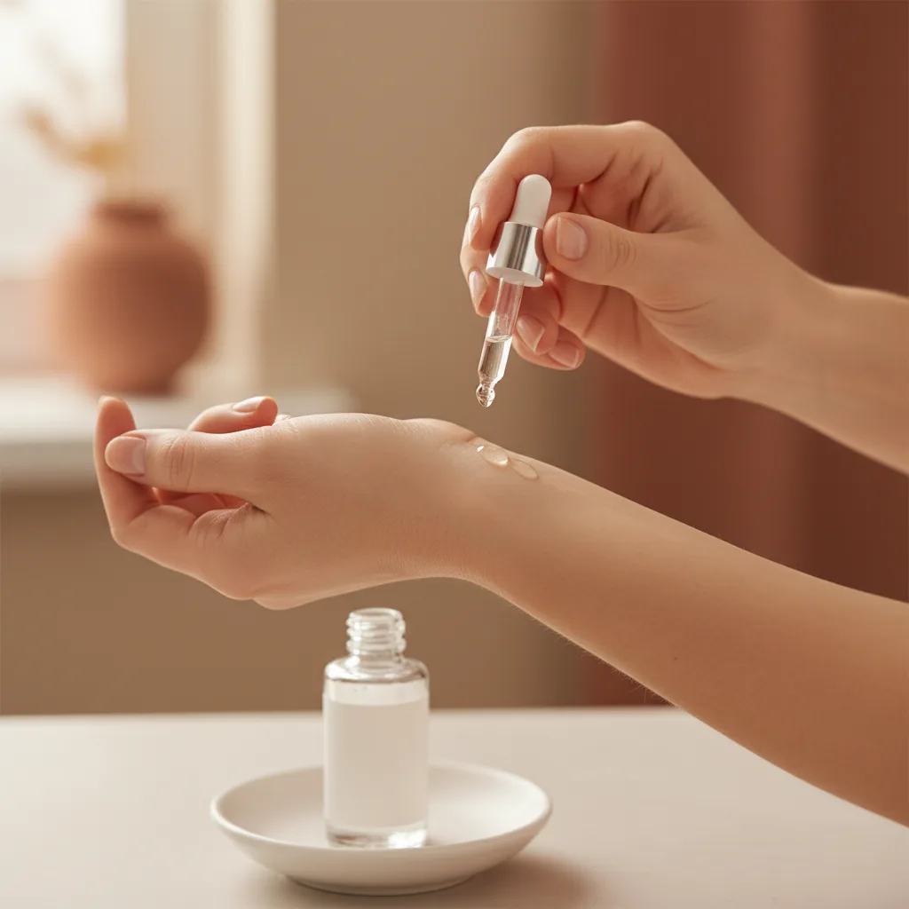 Mãos aplicando suavemente um sérum na pele limpa