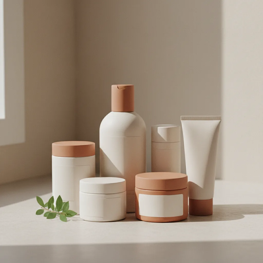Produtos cosméticos genéricos e uma pequena planta em um ambiente calmo